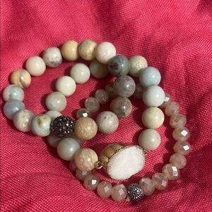Natural Stone Beaded Stretch Bracelet Set - Neutral Tones